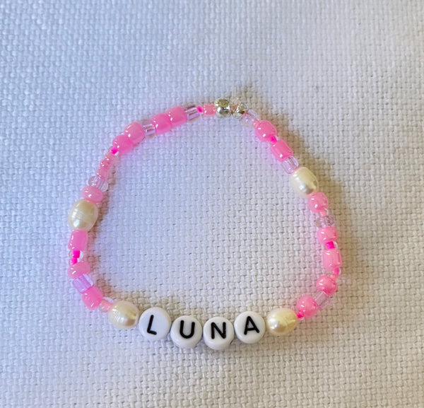 The 4 'Pearl' Personalised Name Bracelet with pink coloured beads (made to order) - Petite Chou